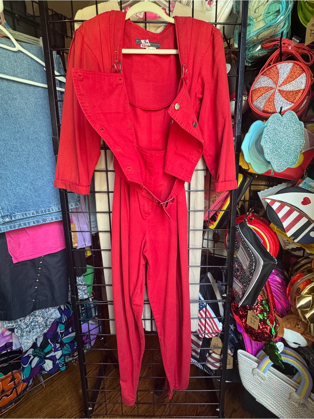 VTG 80's Karen Alexander Red Buckles & Buttons Jumpsuit - Picture 6 of 15